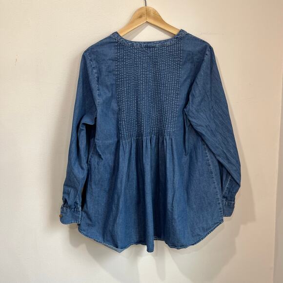 J.Jill Denim Tunic Top XL 100% Cotton Long Sleeve Pintuck Chambray Blouse - Picture 3 of 8